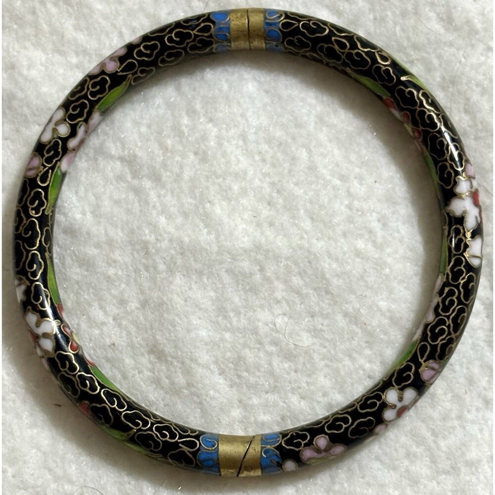 Vintage Cloisonne Hinged Bangle Bracelet Black Floral Enamel Estate Jewelry